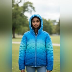 Eddie Bauer Kids Reversible Puffer Jacket Blue Ombre Faux Fur Hooded Coat Size L